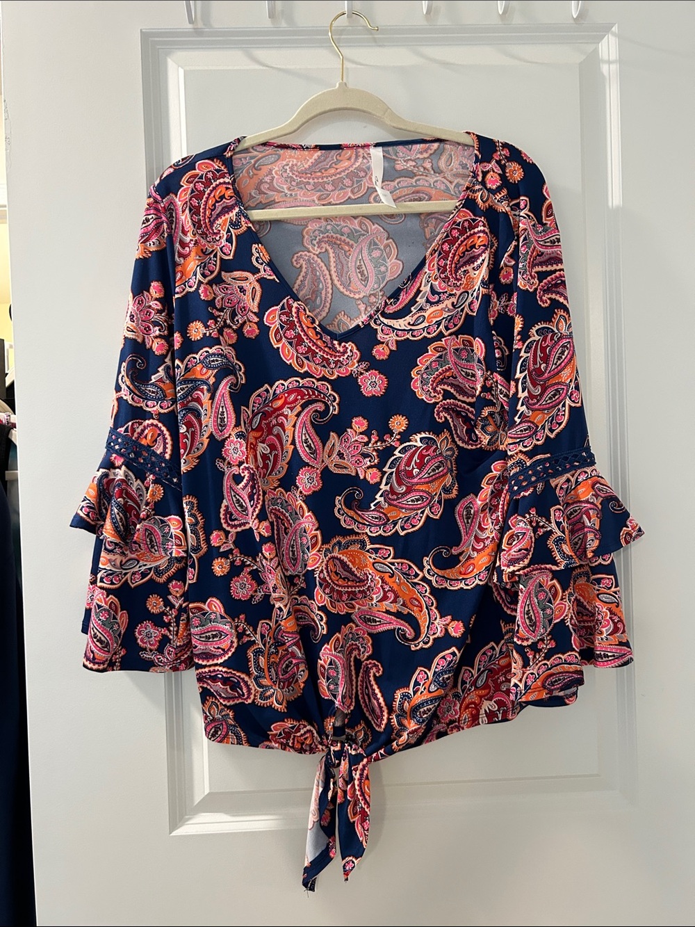 Collection Navy Paisley Tie-Front Blouse with Pink & Orange Accents